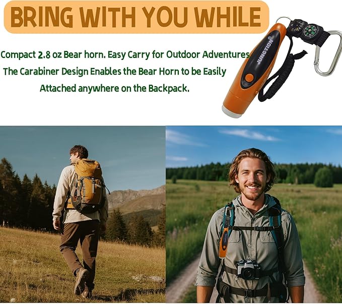 120dB Electronic Air Horn with Compass & Thermometer, Bear Horn to Scare Bears, Loud Air Horn for Safety Hiking Camping Emergency Self Defense, Electronic Whistle Bear Bells for Hiking (Orange)