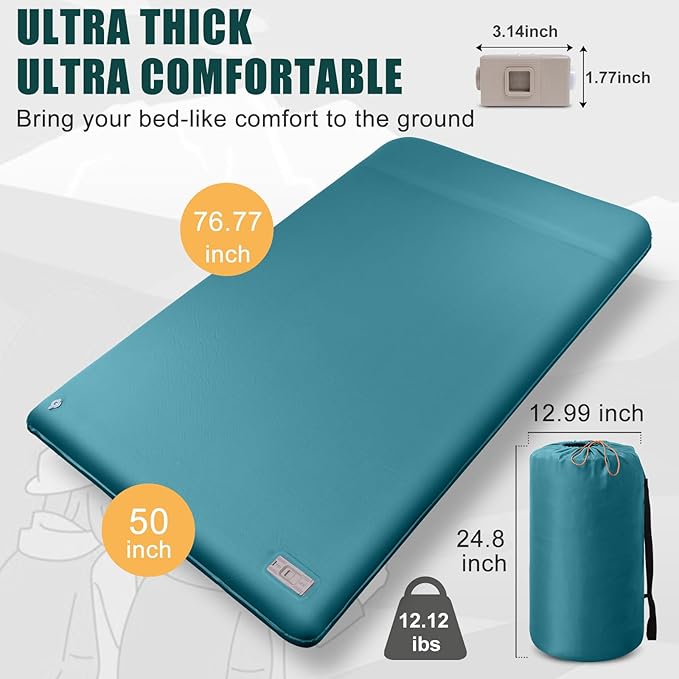Double Self Inflating Sleeping Pad with Electric Pump,3.14" Thick Memory Foam Camping Mattress 2 Person w/Pillow,Easy Inflate&Deflate,Outdoor Camp Mat for Rooftop Tent Car Truck, Peacock-Blue