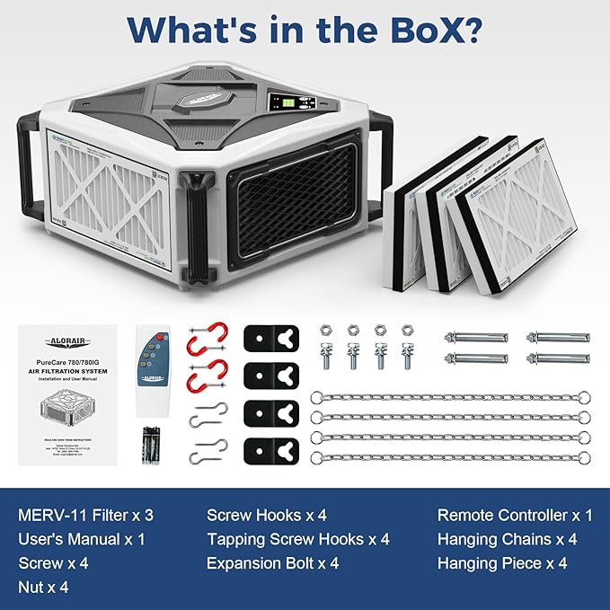 ALORAIR Hanging Intake Air Filtration Systems Woodworking 2 Stage Air Flow (580/780CFM) Remote Control, Shop Dust Collectors with Strong Vortex Fan for Garage, Work Shop, Home Use, Purecare 780