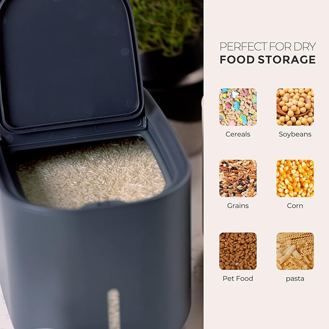 Zuutii Rice Storage Container,Food Container, Dry Food Storage, Pet Food Dispenser, 11lbs/6.9Qt Large Storage Bin with Lid,Silicone Ring & Moisture Proof, for Grain Cereal Soybean Corn, Black