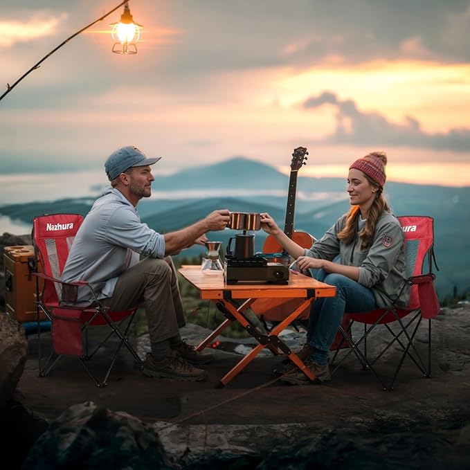 Nazhura 2 Pack Outdoor Camping Chairs Folding/Foldable/Portable with Cooler Pouch, Mesh Backrest and Cup Holder Pocket(Red, 2 Pack)