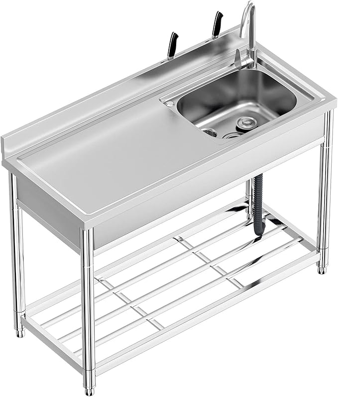Free Standing Stainless-Steel Single Bowl, Commercial Restaurant Kitchen Sink Set w/Faucet & Drainboard, Prep & Utility Washing Hand Basin w/Workbench & Storage Shelves Indoor Outdoor (47in)