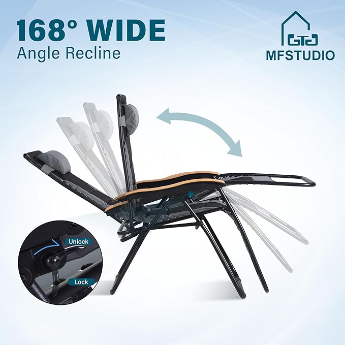 MFSTUDIO Zero Gravity Chairs Set of 2, XL Oversized Outdoor Anti Gravity Chair, Patio Lounge Folding Adjustable Chair with Cup Holder & Padded Headrest, Support 400lbs,Grey