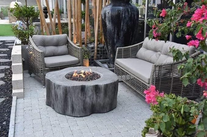 Elementi | Manchester Gas Fire Pit Cast Concrete Semi-Round Fire Table, Outdoor Fire Pit Electronic Ignition | Canvas Cover, Lava Rock Included | Classic Gray (Propane Gas)