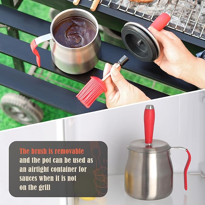 32 OUNCE BBQ Basting Pot with Brush,Grilling Gifts for Men/Women,Stainless Steel 304 Barbecue Sauce Container Brush Set,Airtight Melting Pot for Grill,Kitchen,Camping