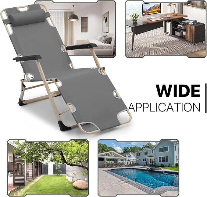 MoNiBloom Patio Lounge Chair Set of 2 Folding Lawn Lounger Outdoor Camp Reclining Chair with Adjustable Headrest for Garden Yard Pool Side, 330lbs Capacity