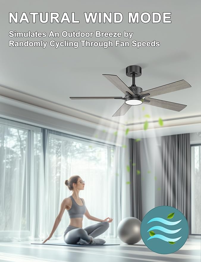 Ohniyou 48'' Ceiling Fans with Lights and Remote, 6 Speeds, 3 Colors & Dimmable LED Light, Quiet DC Motor Black Ceiling Fan for Bedroom Living Room
