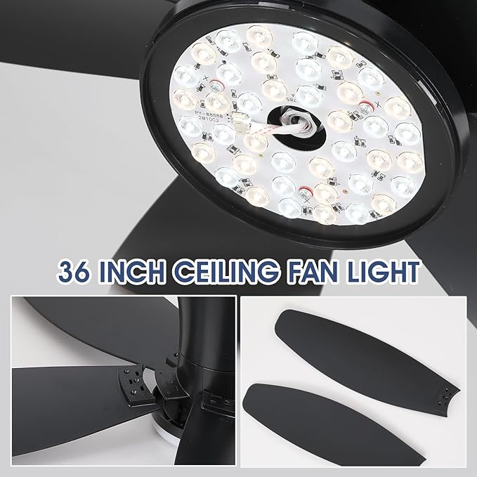 42" Ceiling Fans with Lights-Low Profile Ceiling Fan with Light and Remote/APP Control,Flush Mount,DC Reversible,LED Dimmable Black Ceiling Fans for Bedroom,Indoor/Outdoor Patio Use