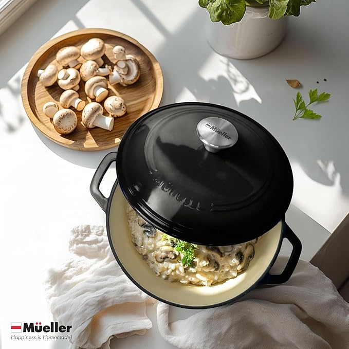 MÜELLERHOME 7.5 QT Enameled Cast Iron Dutch Oven, Heavy-Duty, Oven-Safe up to 500° F & Across All Cooktops, Casserole Dish and Braiser Pan with Lid and Stainless Knob, Black