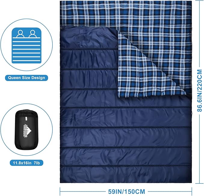 AGEMORE Cotton Flannel Double Sleeping Bag for Camping, Backpacking Or Hiking. Queen Size 2 Person Waterproof Sleeping Bag for Adults Or Teens. Lightweight with Compression Sack