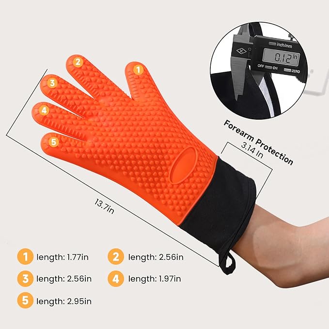 GEEKHOM BBQ Gloves Heat Resistant Oven Mitts - Silicone Grilling Gloves with 13.7" Arm Protection - Waterproof Pot Holder Non-Slip for Men & Women, Kitchen Outdoor Cooking, Baking, Camping, Orange