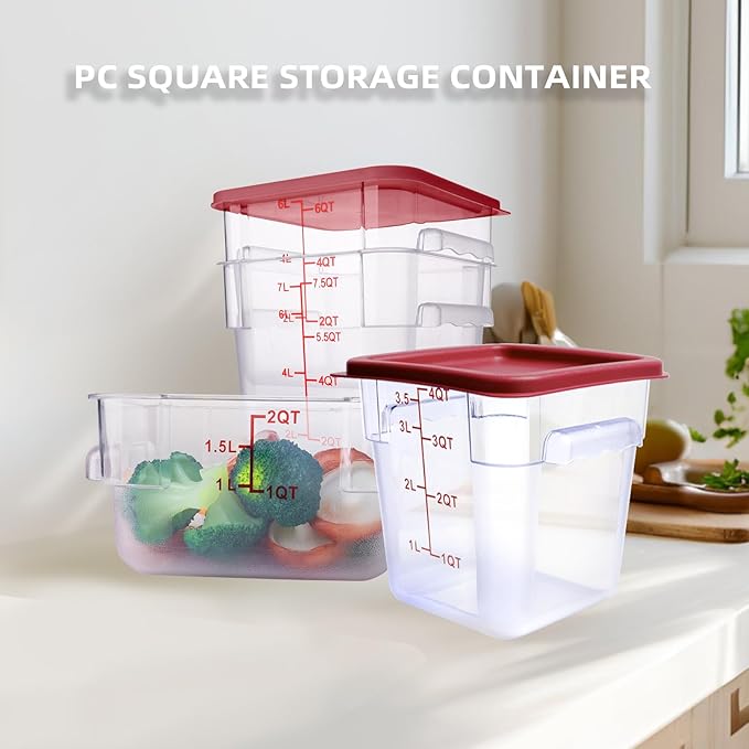 2 Pack Red Square Food Storage Container With Lid,2-12 Quart Commercial Storage Box With Scale & Handle,Cake Making,Dough Marinating Meat,Kitchen Supplies (12 Quart)