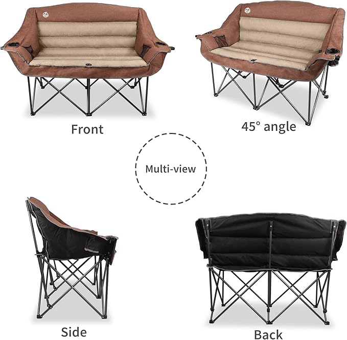 Northroad Folding Loveseat Camping Chair Portable Double Duo Full Padded Garden Chair for 2 Person Sofa w/Cup Holder,Wine Glass Holder,Mesh Storage,Support 600lbs for Picnic Beach Travel, Moca