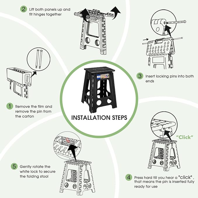 ACKO Folding Step Stool Foldable 17.5 Inch Stools for Adults and Kids,Plastic Stools Tall 400 lbs Capacity, Collapsible Stool for Kitchen, Stepping Foot Stool with Handle, Dot Black,1 PC