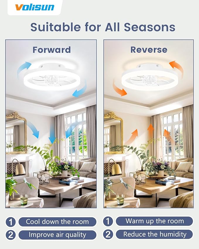 VOLISUN 13 inch Small Ceiling Fans with Lights and Remote, Low Profile Ceiling Fans with Light, 3000K-6500K Dimmable LED Ceiling Light Flush Mount, Bladeless Fandelier Ceiling Fan (White)