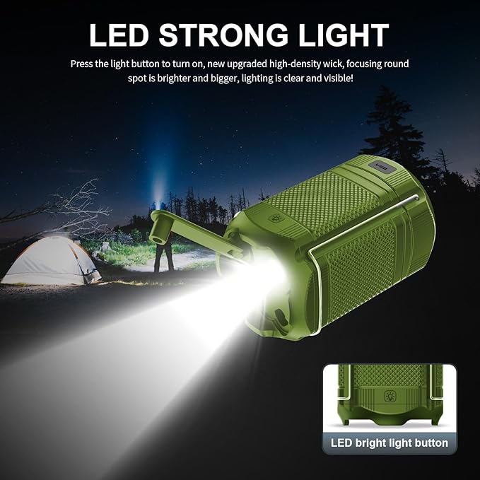 Camping Lantern 5000mAh Solar Hand Crank Telescopic LED Flashlight USB Charger for Power Outages ,Portable Rechargeable Battery Powered Operated Lanterns Lamp, Camping Gear Accessories (Green)