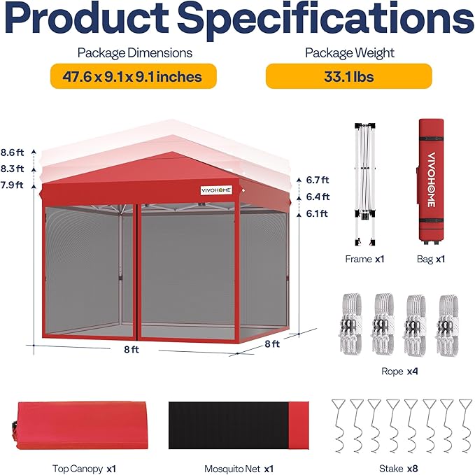 VIVOHOME 8x8ft Easy Pop-Up Canopy, Outdoor Screen Tent with Mosquito Netting, 2 Zipper Doors, and Roller Bag for Yard Camping Picnic Party Events, Red