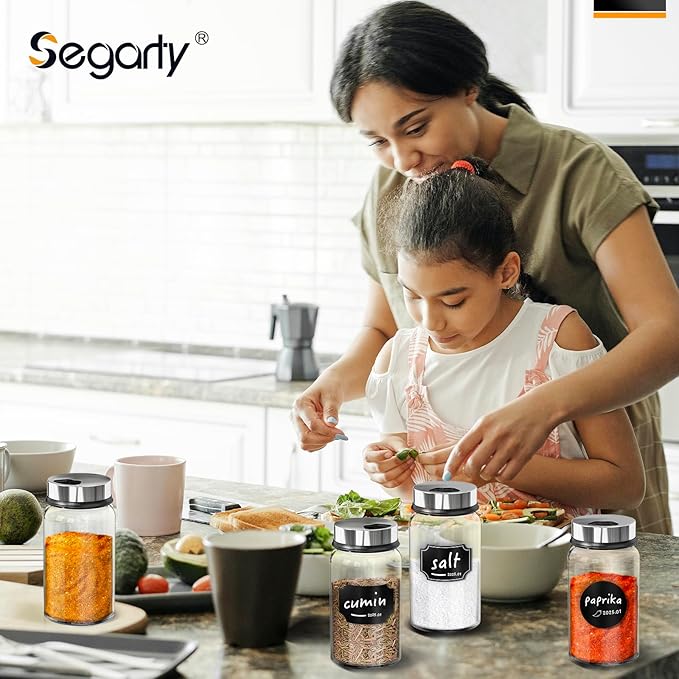 Segarty Spice Jars Set, 3 Pack 6 oz Glass Spice Jar with Labels, Seasoning Bottles Set with 136 Blank Stickers, 1 Chalk Marker, 1 Brush, Salt and Pepper Shakers with Ajustable Holes Lids
