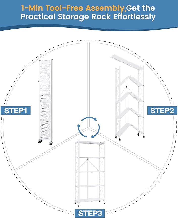 ALANNG 70.7" H Metal Storage Shelves, 5 Tier Folding Shelf on Wheels, Heavy Duty, No Assembly, Rolling, Collapsible Rack Unit for Kitchen, Basement, Pantry (White,3 Pack)