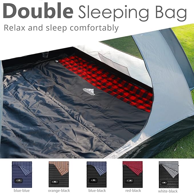 AGEMORE Cotton Flannel Double Sleeping Bag for Camping, Backpacking Or Hiking. Queen Size 2 Person Waterproof Sleeping Bag for Adults Or Teens. Lightweight with Compression Sack