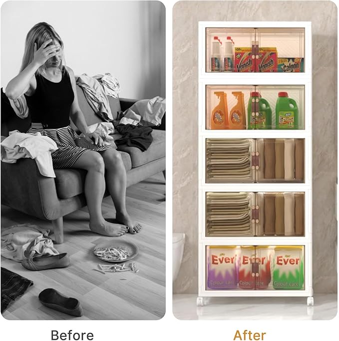 Extra Large Stackable Storage Bins with Lids & Wheels & Door, 448QT-112QT/28GAL*4Pack Foldable Collapsible Closet Organizers, Plastic containers drawers for bedroom Dorm