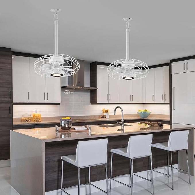 Outdoor Ceiling Fans with Lights, 15''White Hanging Gazebo Fan,3-Color LED Light, Adjustable Height, 6 speeds, Waterproof Plug in Caged Lighting for Patios, Pergola