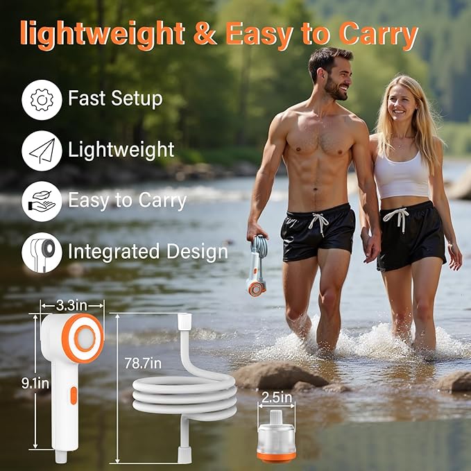 Portable Camping Shower with Filtration, Long Lasting Rechargeable Outdoor Shower with Led Light, Low Noise Portable Shower Pump Head for Hiking, Beach Vacation, Pet Bath, Camping Essentials