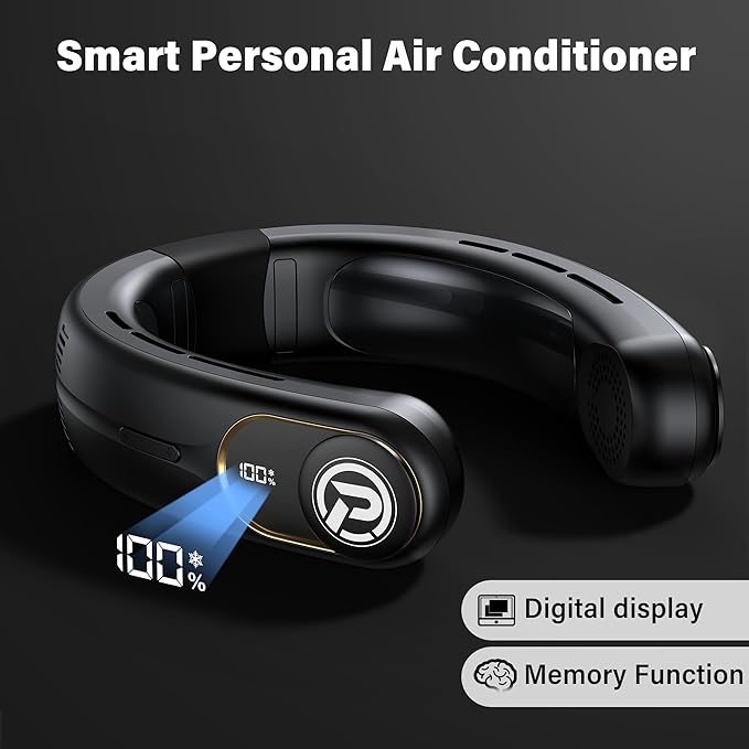 PANERGY Portable Neck Fan Air Conditioner, Rechargeable Battery Operated Personal Fan, LED Display, Hands Free Cooling Neck Fan for Women Men Travel Work Outdoor