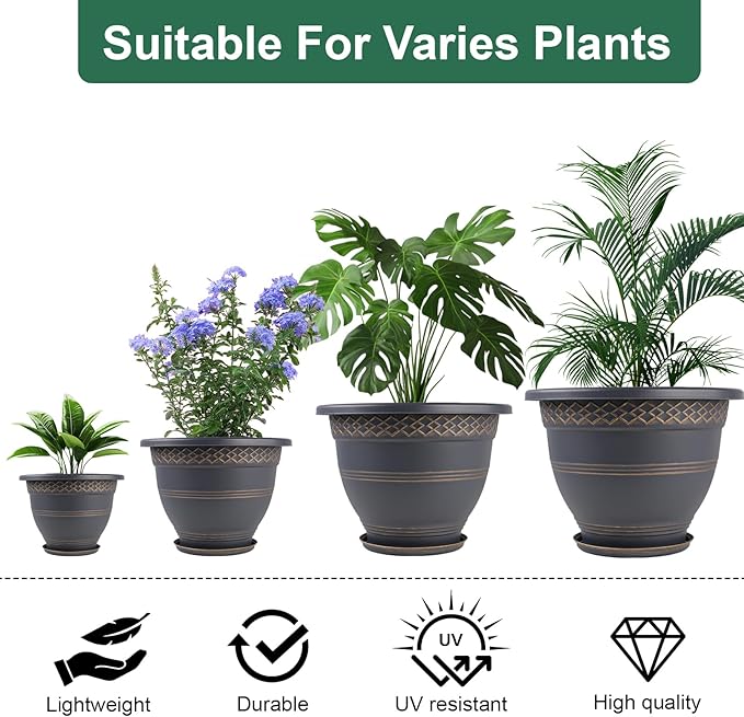 4 Pack 16 Inch Large Plant Pots, Plastic Flower Pot for Indoor & Outdoor with Drainage Holes & Saucer, Plaid Pattern Planters Garden Pots for Herbs Gold