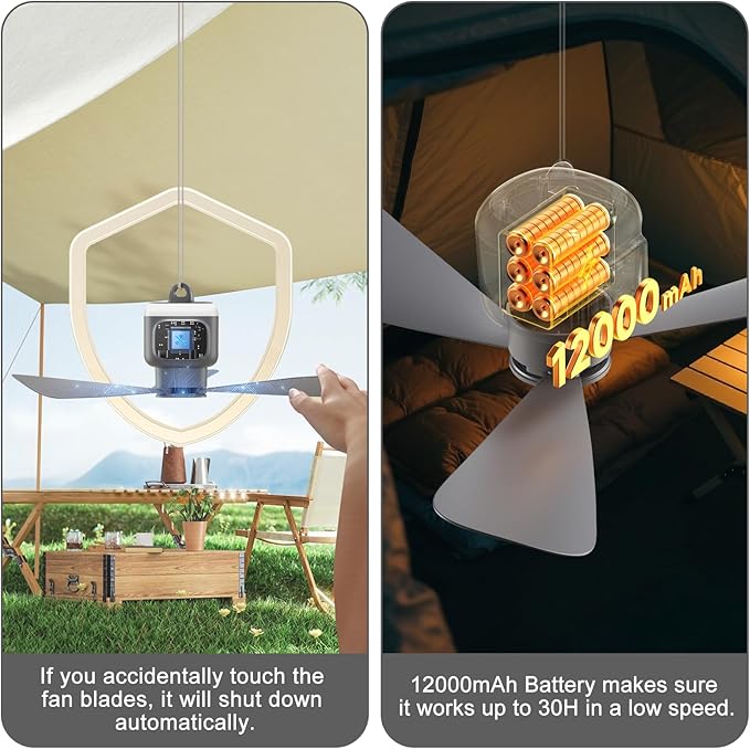 18 Inch Canopy Fan,12000mAh Portable Outdoor Ceiling Fan with Light with Remote Control and Hanging Hook, Easy Operation Battery Powered Fan Light for Gazebo, Tent, Patio, Camping