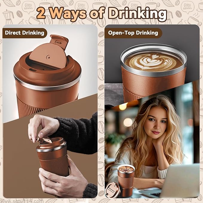 12OZ Travel Coffee Mug Insulated Coffee Cup with Spill Leak Proof Lid, Portable Stainless Steel Tumbler Reusable Hot and Cold Water Mug for Car, Daily, Camping- Coffee