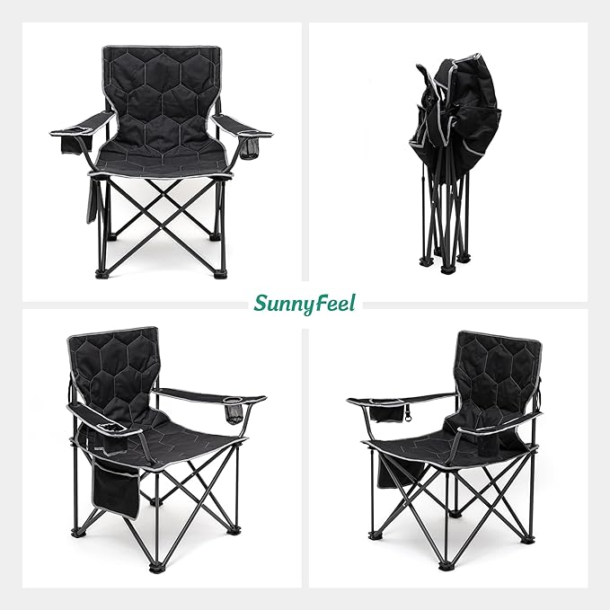 SUNNYFEEL Oversized Folding Camping Chair 500 LBS Heavy Duty Lawn Chairs with Black Portable Folding with Armrest, Cup Holder, Pocket &Bag for Outdoor Camping/Beach/Travel/Picnic/Fishing