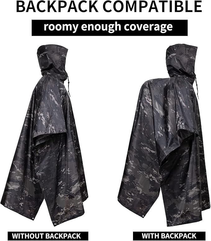 GRVCN Military Rain Poncho, Camouflage Raincoat Outdoor Waterproof Lightweight