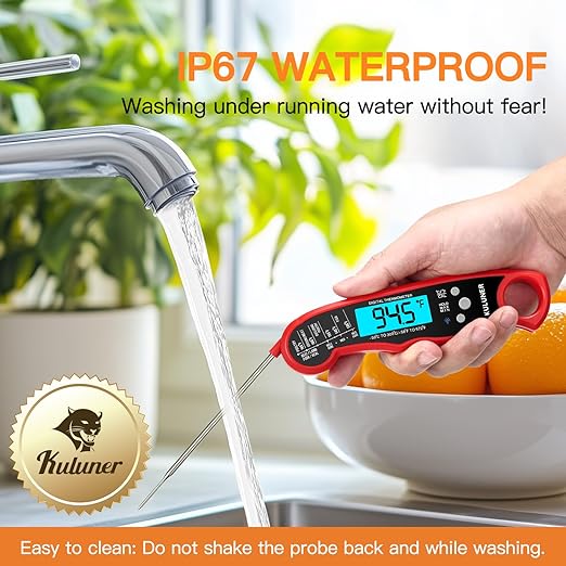 TP-01 Waterproof Digital Instant Read Meat Thermometer with 4.6 Folding Probe Backlight Calibration Function for Cooking Food Candy, BBQ Grill, Liquids,Beef(Red)