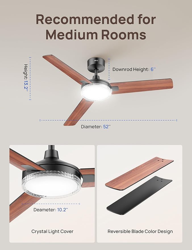 Dreo Smart Ceiling Fans with Lights, 52 Inch Black Ceiling Fan, 12 Speeds & 3 Fan Modes, Stepless Color Tones, Dimmable LED Light, 1-12H Timer, Quiet DC Motor, Remote/APP/Alexa/Wall Switch Control