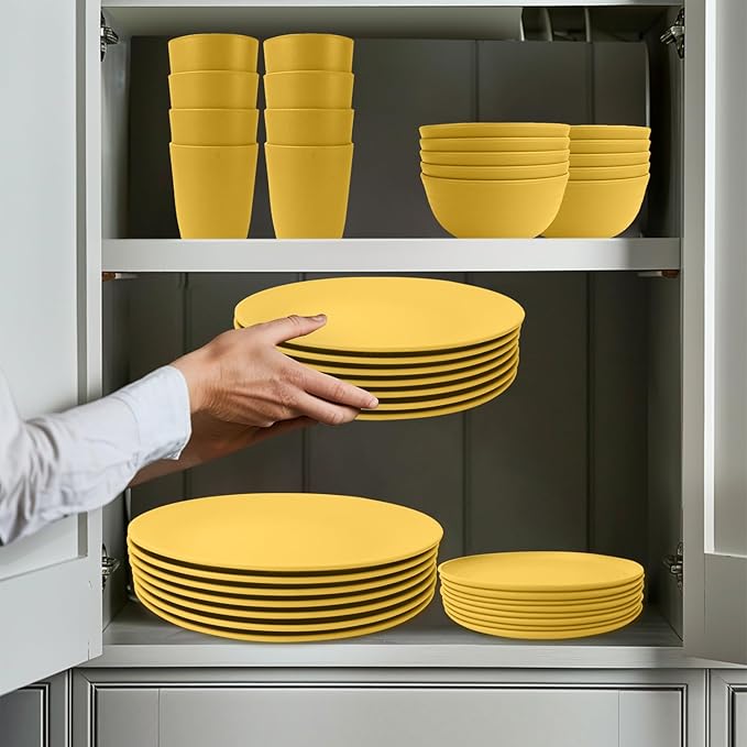 40Pack plates and bowls sets for kids - Unbreakable wheat straw dinnerware sets service for 8 - Alternative plastic 40pcs dish sets for kitchen, camping and indoors dinning - (Yellow)
