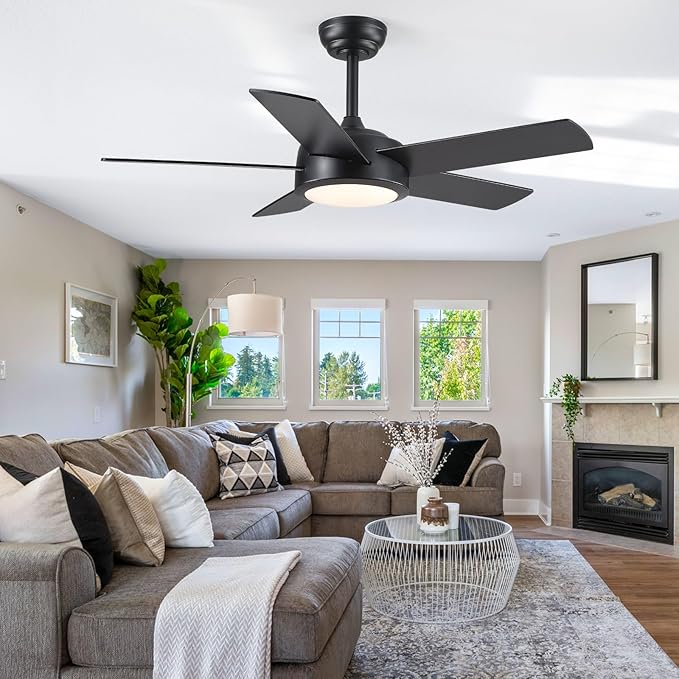 42" Black Ceiling Fans with Lights - Modern Low Profile Ceiling Fan with Lights and Remote Control, 5 Dual-Sided Blades, Reversible DC Motor, Ceiling Fan for Indoor and Outdoor