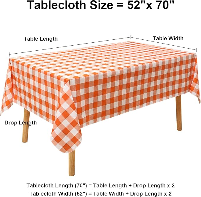 misaya Rectangle Waterproof Vinyl Table Cloth, Buffalo Flannel Backed Tablecloth, Wipeable Plastic Table Cover for Dinner, Kitchen, Picnic (52" x 70", Orange and White)