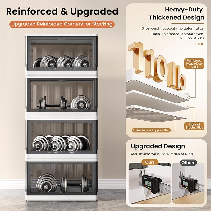 19Gal Collapsible Storage Bins with Lids & Wheels - 4 Pack Stackable with Doors, Heavy-Duty Plastic Containers for Home/Office, White