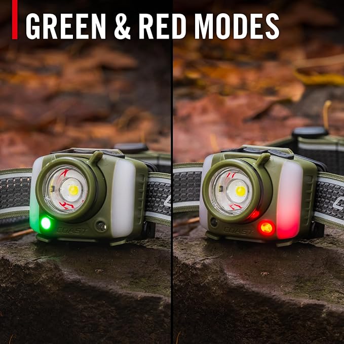 Coast FL95R 1250 Lumen Rechargeable Plus LED Headlamp with Green, Red and Area Light Modes and Glide Focus