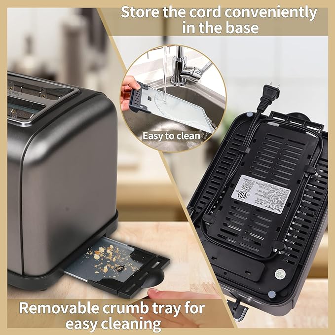 SEEDEEM Toaster 2 Slice, LCD Display, 7 Shade Settings, 1.4'' Wide Slots, Stainless Steel Digital Toaster for Bagel, Defrost, Reheat, Removable Crumb Tray, 900W, Grey