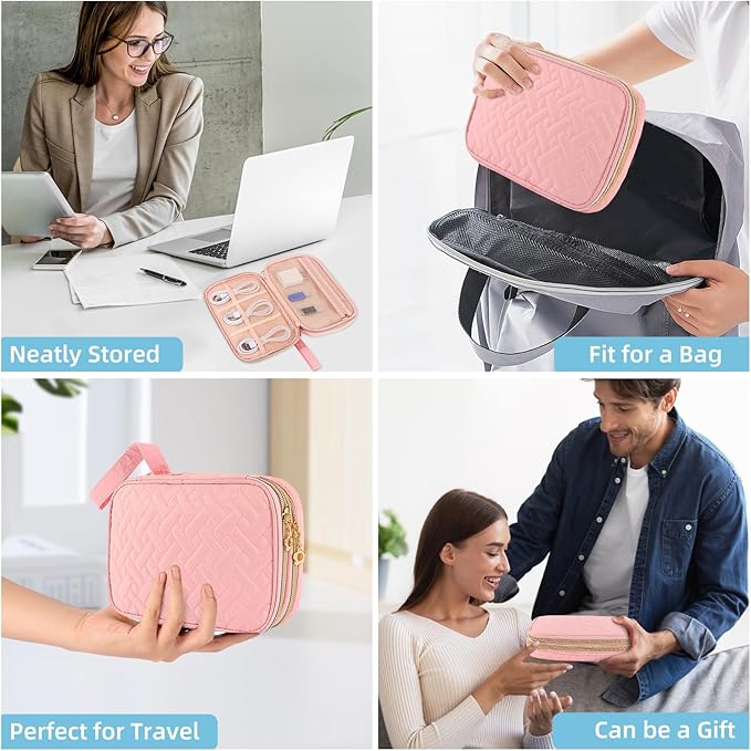 Electronics Organizer Travel Case, Charger Bag Cord Organizer Travel, Compact Tech Pouch Cable Organizer Bag for Charger, Cords, Phone, Headphones, Flash Drive, SD Card (Pink, Small-Double Layer)