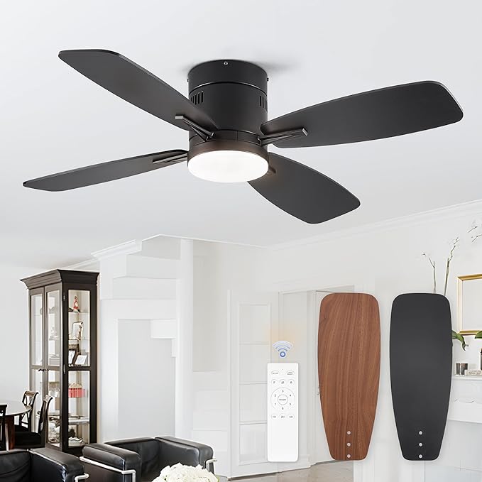 LEDIARY 42 inch Ceiling Fans with Lights and Remote Control,Flush Mount Ceiling Fan with Quiet Reversible DC Motor,Black Modern Low Profile Ceiling Fan with Light for Bedroom Living Room Patio