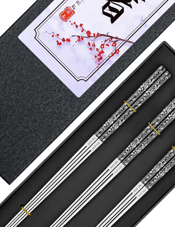 Metal Chopsticks Reusable, 3 Pairs Chop Sticks Reusable Dishwasher Safe, Titanium Plated Non-Slip Stainless Steel Chopsticks Present Set (Black Silver)