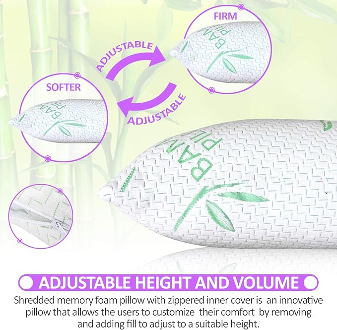 2 Pack Queen Size Rayon Derived from Bamboo Pillow, Cooling Shredded Memory Foam Bed Pillows Set – Back, Stomach, Side Sleepers, Removable Cover, Adjustable to Firm / Soft, Queen (Pack of 2)