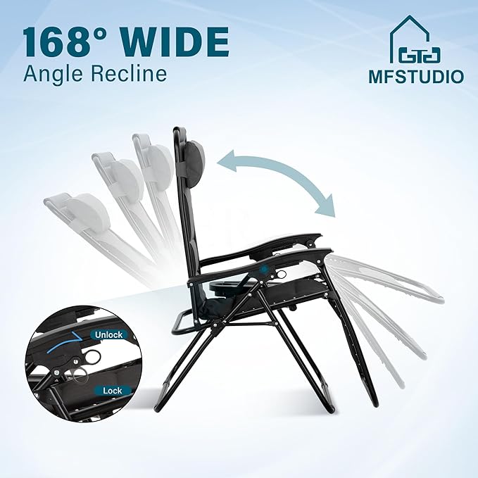 MFSTUDIO Padded Zero Gravity Chair Set of 2, Folding Patio Lounge Recliner with Adjustable Pillows & Cup Holder for Poolside Backyard, Support 400lbs(Grey)