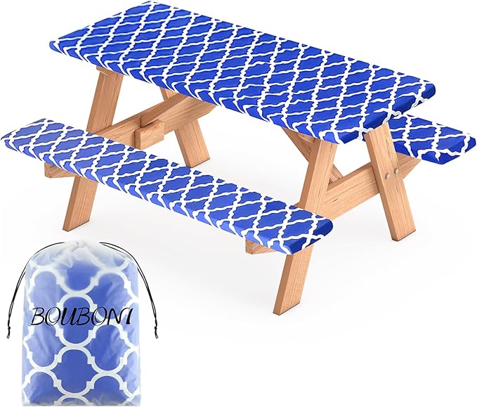 3 Pcs Set Fitted Picnic Table Cover with Bench Covers Vinyl Camping Table Cloth Flannel Backing Picnic Table Cloth for 6ft Tables Camping Outdoor (Blue Morocco, 30 x 72 Inches)