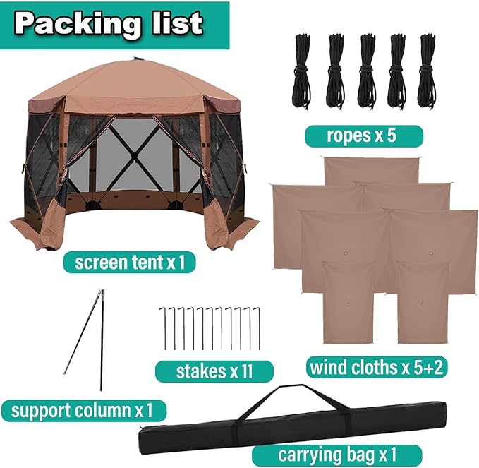 Pop Up Screen Tent, 12'x12' Windproof & UV Protection Sun Shelter, Portable Instant Setup, 6-Sided Screen Tent for Picnic, Camping, Backyard, Outdoor (Brown)