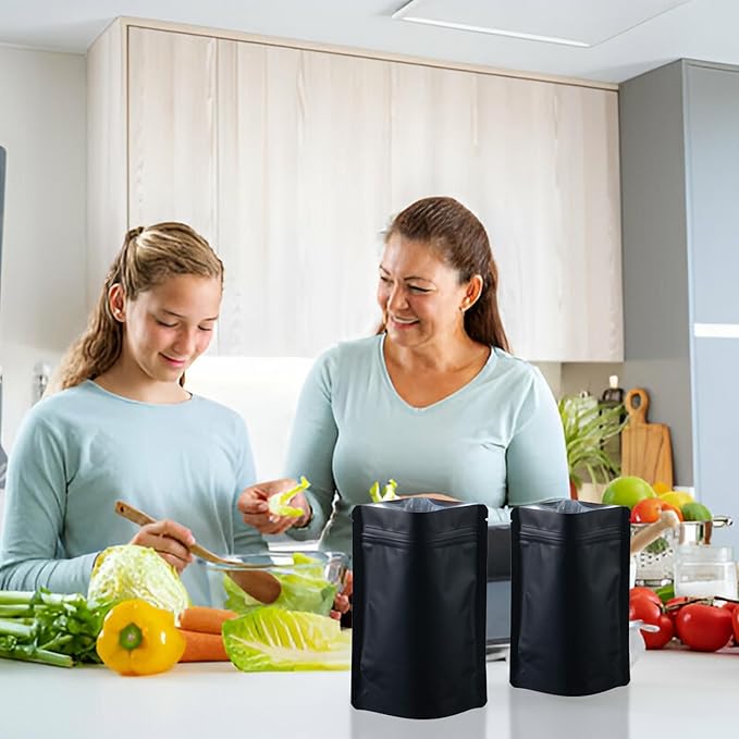 200 Pcs Mylar Bags for Food Storage 5x7 Smell Proof Bag Stand Up, Foil Resealable Bags for Food, Freeze Dried Candy Packaging Sealable Pouch Jewelry Bracelet Pouch for Small Business, Black