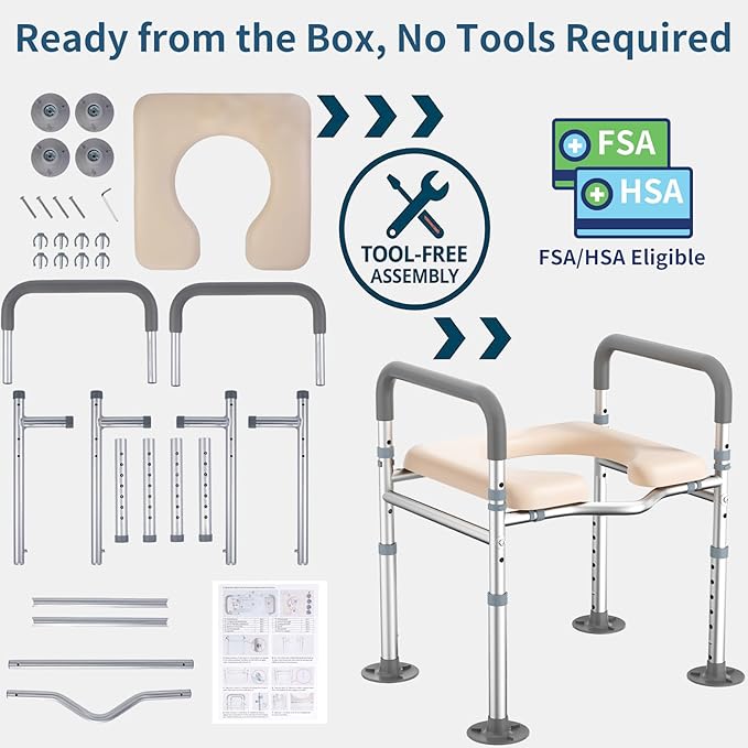 Adjustable Toilet Seat Risers for Seniors-Heavy Duty 400lb Raised Toilet Seat with Handles & Padded Arms-Fits Elongated & Standard Toilets